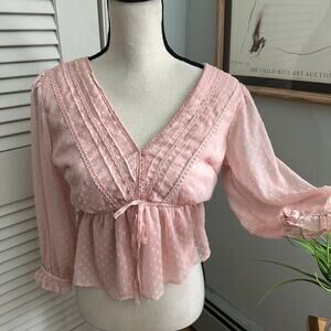 JAPNA Top Womens Pink Chiffon Babydoll V-Neck Balloon Sleeve Preppy Soft Girl